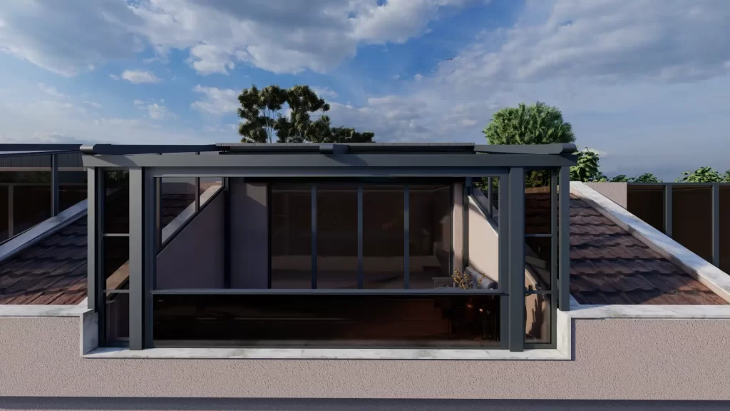 Otomatik giyotin cam sistemleri, dış mekanları dört mevsim kullanılabilir hale getiren motorlu cam sistemleridir. Bu görselde bir kafenin açık alanında uygulanan modern giyotin cam sistemi yer almaktadır.